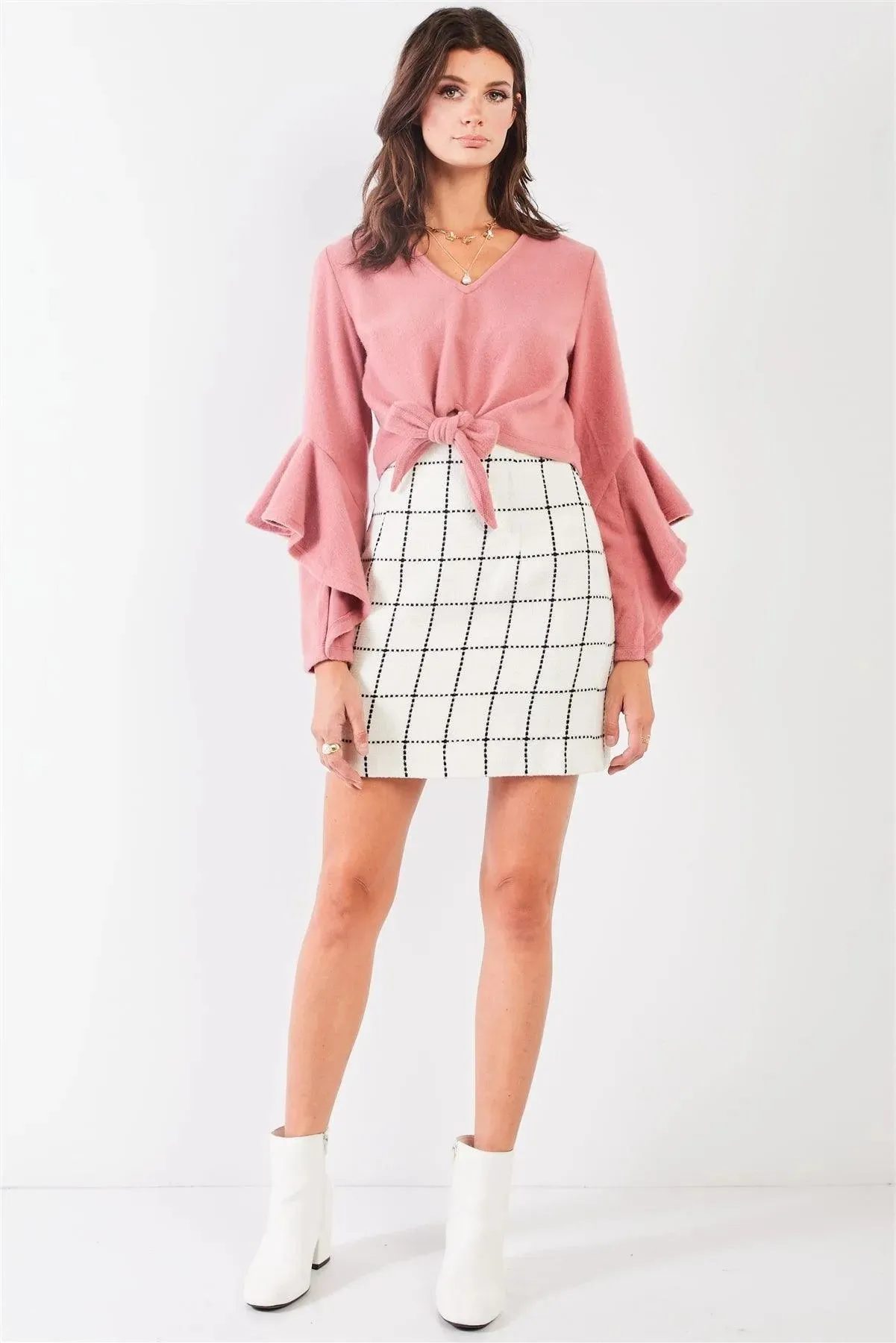 Blush Fuzzy Long Ruffle Sleeve V-Neck Self-Tie Front Detail Cropped Top /2-2-2