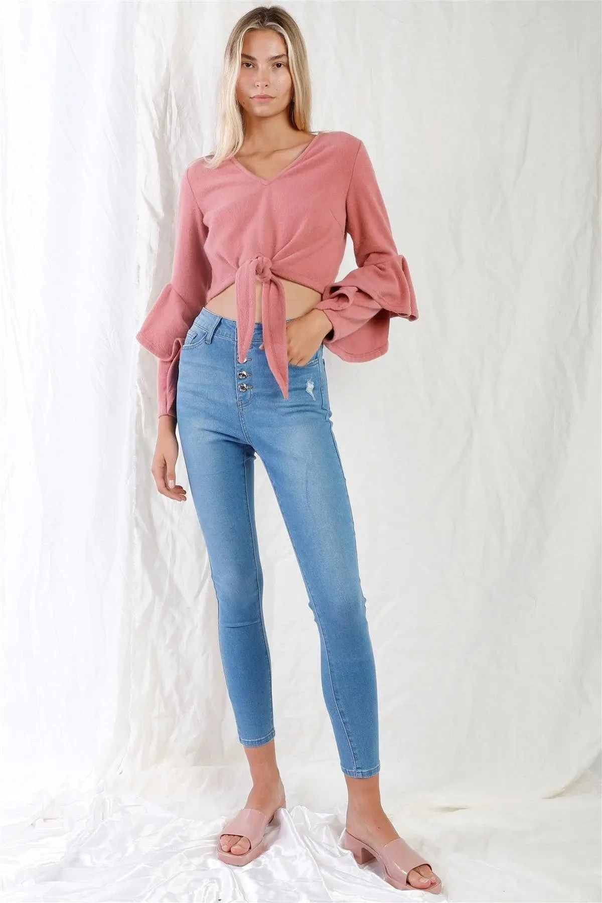 Blush Fuzzy Long Ruffle Sleeve V-Neck Self-Tie Front Detail Cropped Top /2-2-2