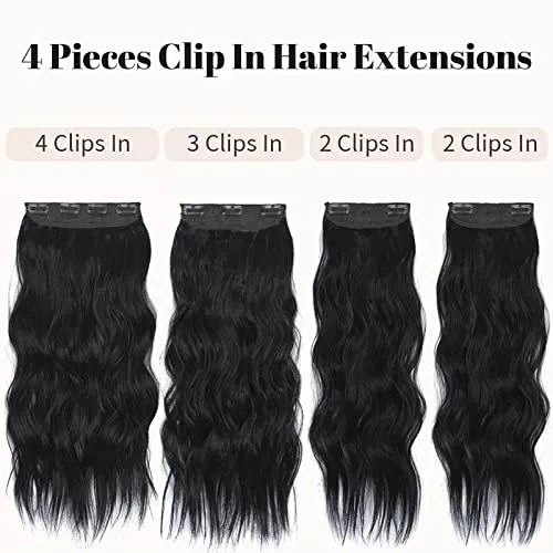 KooKaStyle Clip in Synthetic Hair Extensions Long Wavy 4PCS Thick Hairpieces Black Fiber Double Weft Natural Hair Extensions 20 Inch for Women