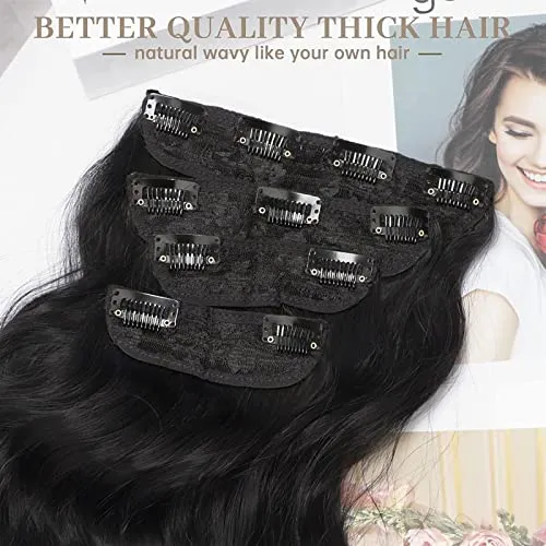 KooKaStyle Clip in Synthetic Hair Extensions Long Wavy 4PCS Thick Hairpieces Black Fiber Double Weft Natural Hair Extensions 20 Inch for Women