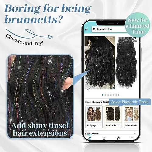 KooKaStyle Clip in Synthetic Hair Extensions Long Wavy 4PCS Thick Hairpieces Black Fiber Double Weft Natural Hair Extensions 20 Inch for Women