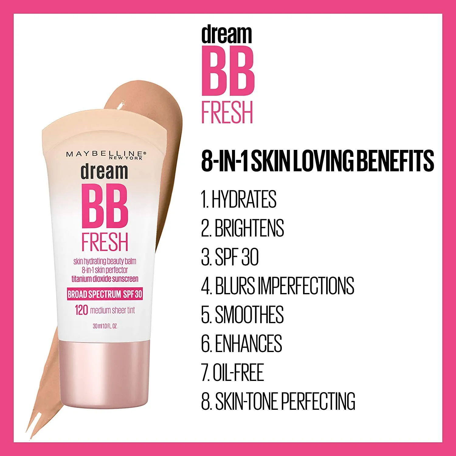Maybelline Dream Fresh Skin Hydrating BB cream, 8-in-1 Skin Perfecting Beauty Balm with Broad Spectrum SPF 30, Sheer Tint Coverage, Oil-Free, Deep, 1 Fl. Oz