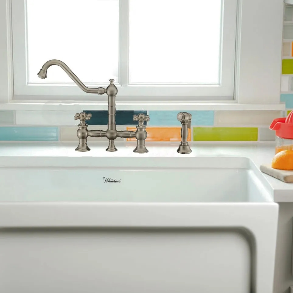 Whitehaus WHKBTCR3-9201-NT-BN Vintage III Plus Bridge Faucet with Swivel Spout and Side Spray